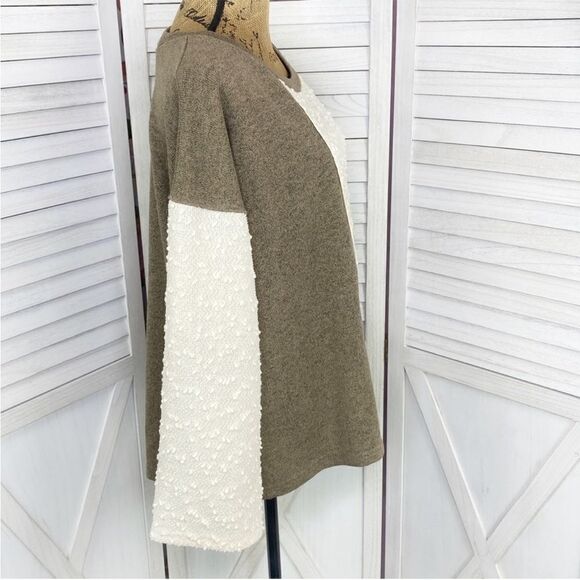 POL‎ Open Tie Back Sweater Bell Sleeve Color Block Brown Cream Large - Picture 3 of 13
